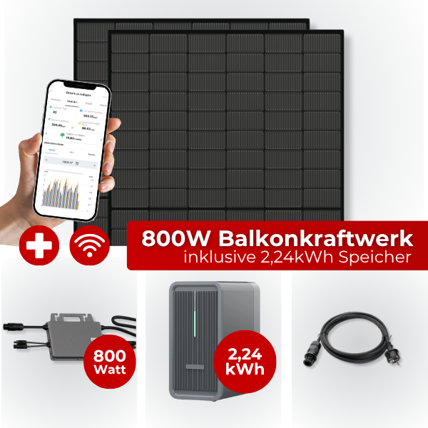 Balkonkraftwerk Komplettset 800W Full Black mit Speicher
