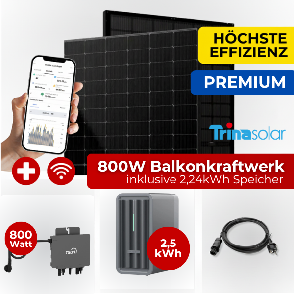 PREMIUM Balkonkraftwerk Komplettset 800W Bifazial mit Speicher