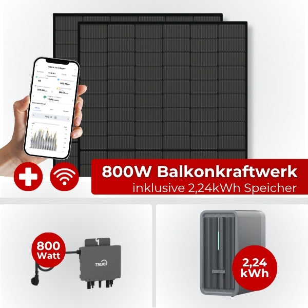 Balkonkraftwerk Komplettset 800W Black Frame mit Speicher